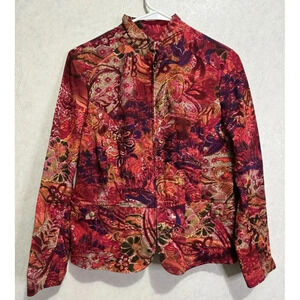 COLDWATER CREEK Womens Red Multicolor Full Zip Cotton Denim Jacket P MEDIUM